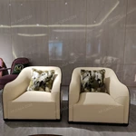 Cream Leather Sofa Set with Shell-Pattern Quilted Craftsmanship, Natural Burl Wood Veneer & Gold Stainless Steel Accents